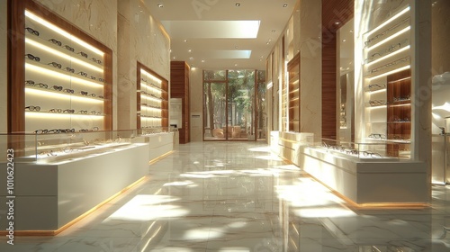 Modern and elegant interior design of an optical store with glass display shelves and a bright, spacious layout.