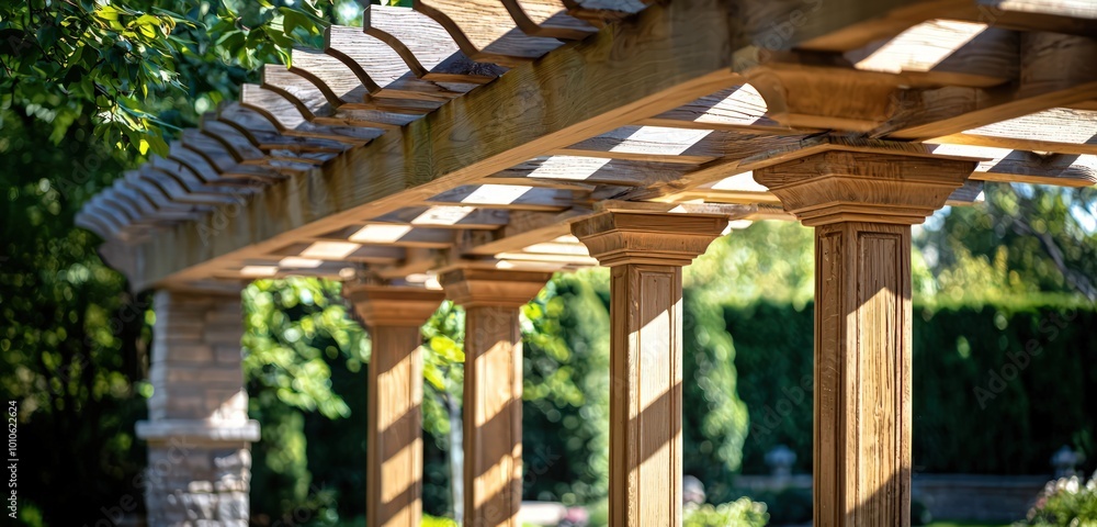 Close-up view showcasing the detailed craftsmanship and design of a pergola. Close-up view showcasing the detailed craftsmanship and design of a pergola.