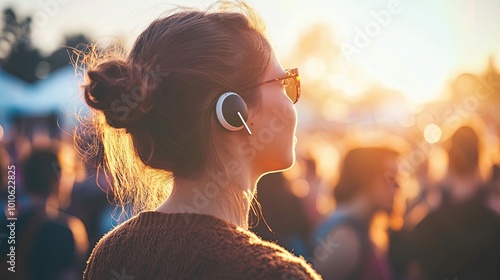 Woman with Hearing Aids listening at a concert in the evening photo