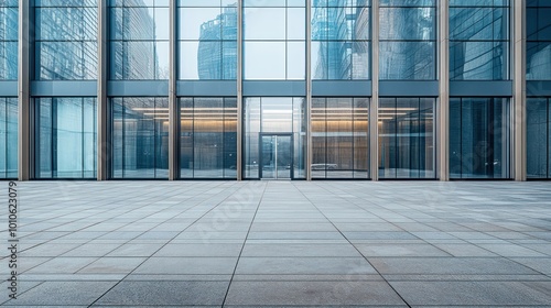 Empty concrete plaza with modern glass building facade.