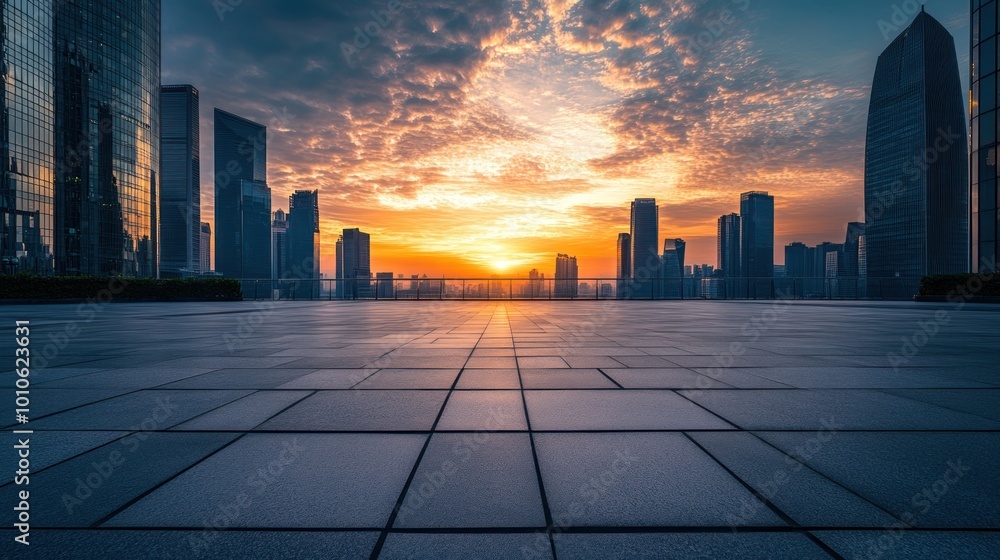 Empty city square with skyscrapers background at sunset. Empty city square with skyscrapers background at sunset.