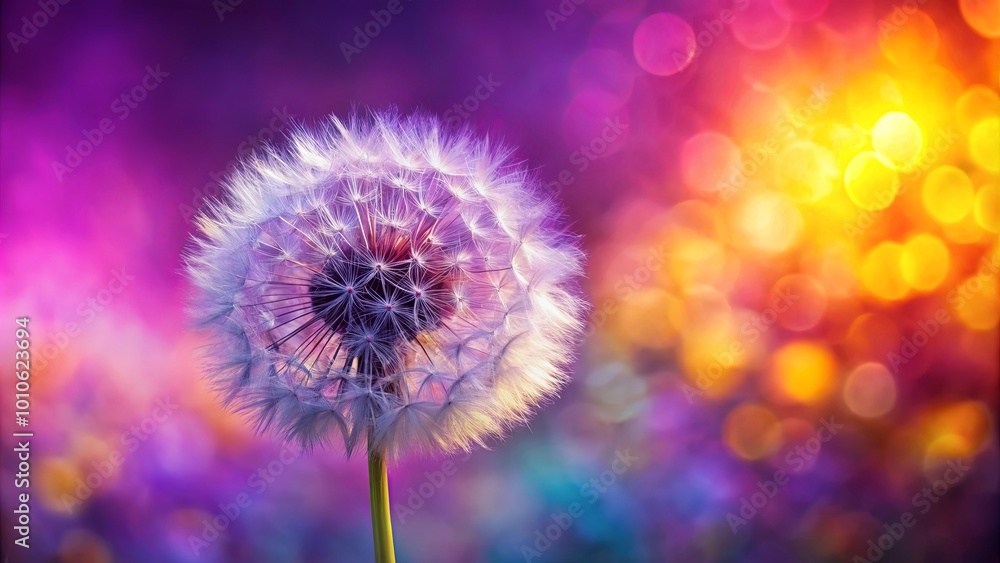 A Single Dandelion Stands Out Against a Vibrant Background of Blurred Colors and Glowing Lights A Single Dandelion Stands Out Against a Vibrant Background of Blurred Colors and Glowing Lights