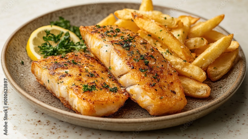 Golden fish and chips with lemon and parsley Golden fish and chips with lemon and parsley
