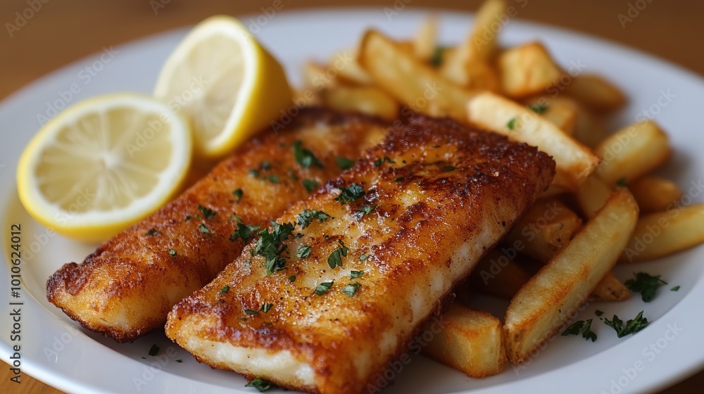 Golden fish and chips with lemon and parsley Golden fish and chips with lemon and parsley
