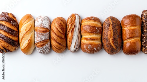 Assorted bread rolls on white background