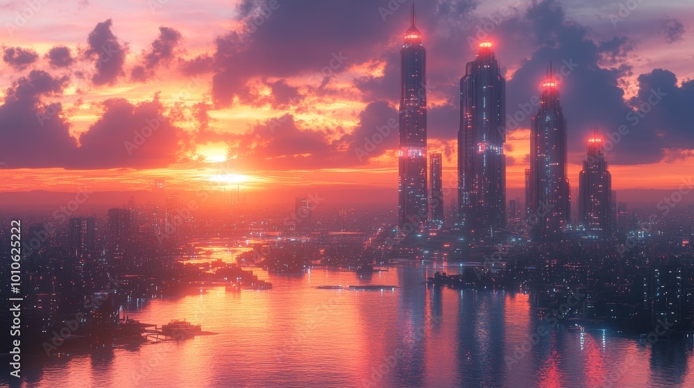 Cyberpunk Cityscape at Sunset with Skyscrapers Generative AI Cyberpunk Cityscape at Sunset with Skyscrapers Generative AI