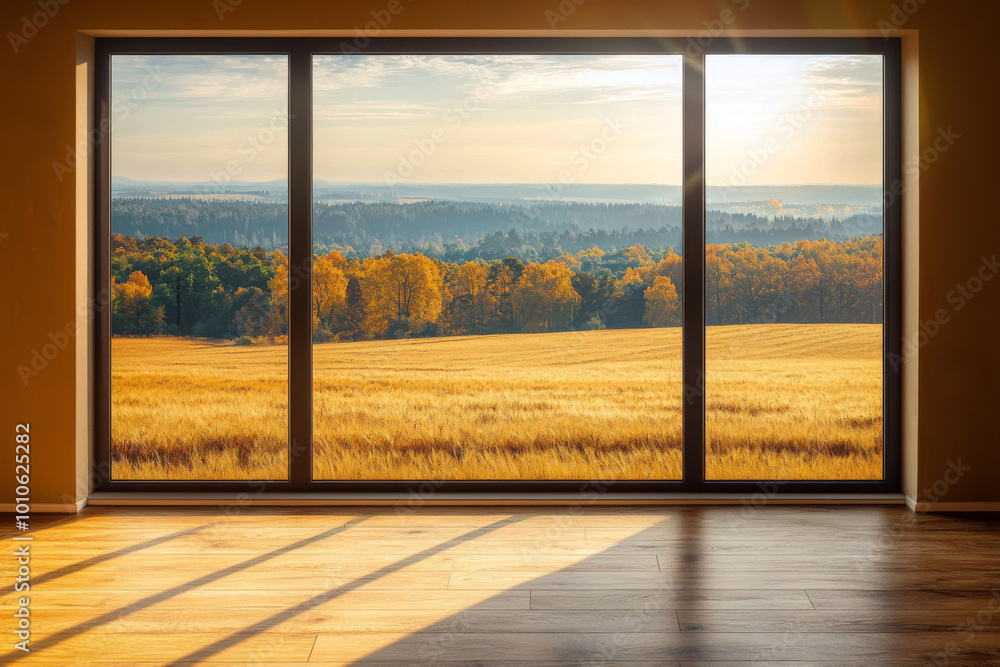 A serene view from a modern room showcasing a golden field and trees under a bright sky. A serene view from a modern room showcasing a golden field and trees under a bright sky.