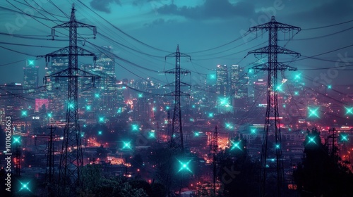 Cityscape with power lines and glowing lights at night.