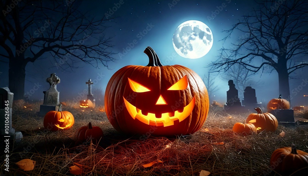 hallowen pumpkin and lantern on graveyard in smoke hallowen pumpkin and lantern on graveyard in smoke