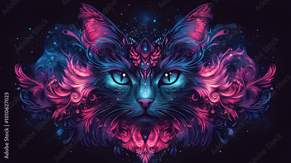 Mystical Cat Portrait in Neon Lights Mystical Cat Portrait in Neon Lights