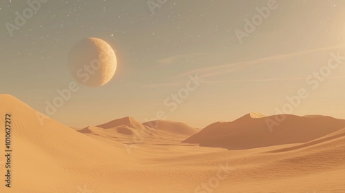 Futuristic Alien Civilization: Hyperrealistic 3D Rendering of Epic Surreal Desert Landscape with Towering Dunes and Celestial Sky