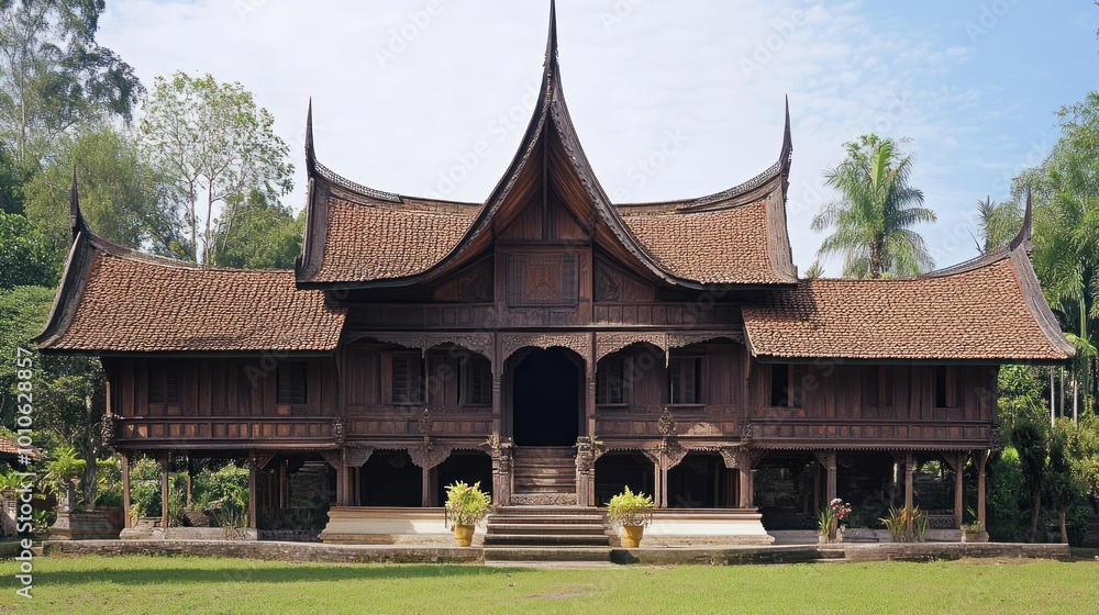 Traditional wooden house with curved roof, ornate details, and a stone porch. Traditional wooden house with curved roof, ornate details, and a stone porch.
