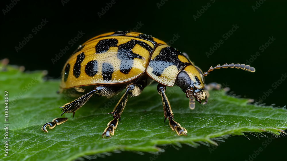 Yellow and Black Ladybug on a Green Leaf Yellow and Black Ladybug on a Green Leaf