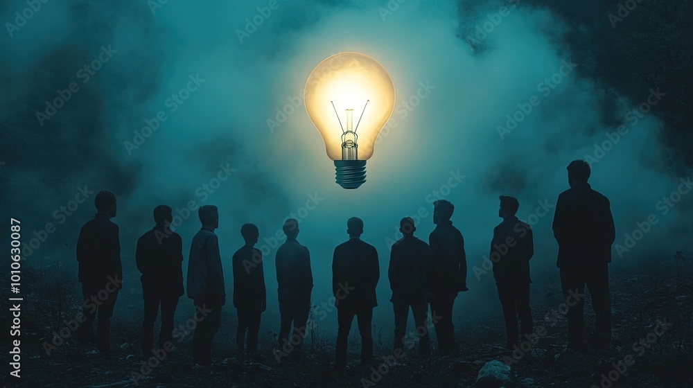 A group of people stand in silhouette looking up at a bright lightbulb A group of people stand in silhouette looking up at a bright lightbulb