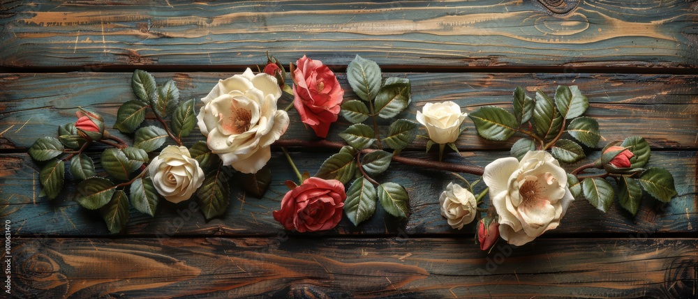 Rustic wooden background adorned with handcrafted roses in various shades showcasing intricate details and lush green leaves Rustic wooden background adorned with handcrafted roses in various shades showcasing intricate details and lush green leaves