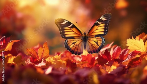 Butterfly Over a Bed of Fallen Leaves