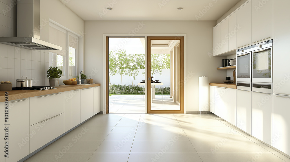 View from the door of an open kitchen with minimalist decor. The door is visible from the outside. clean surface and free space for placing products. View from the door of an open kitchen with minimalist decor. The door is visible from the outside. clean surface and free space for placing products.