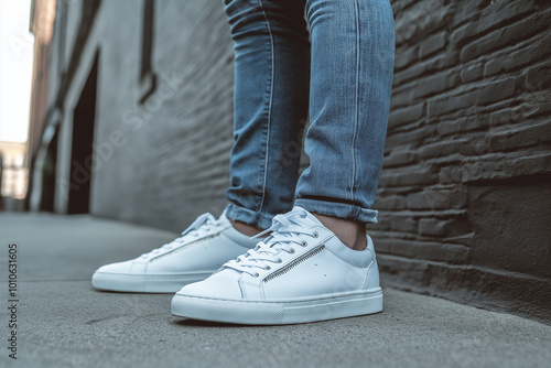 Stylish White Leather Sneakers with Jeans, Urban Brick Wall Background