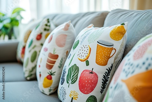 Cushions with vibrant food patterns on sofa in home setting photo