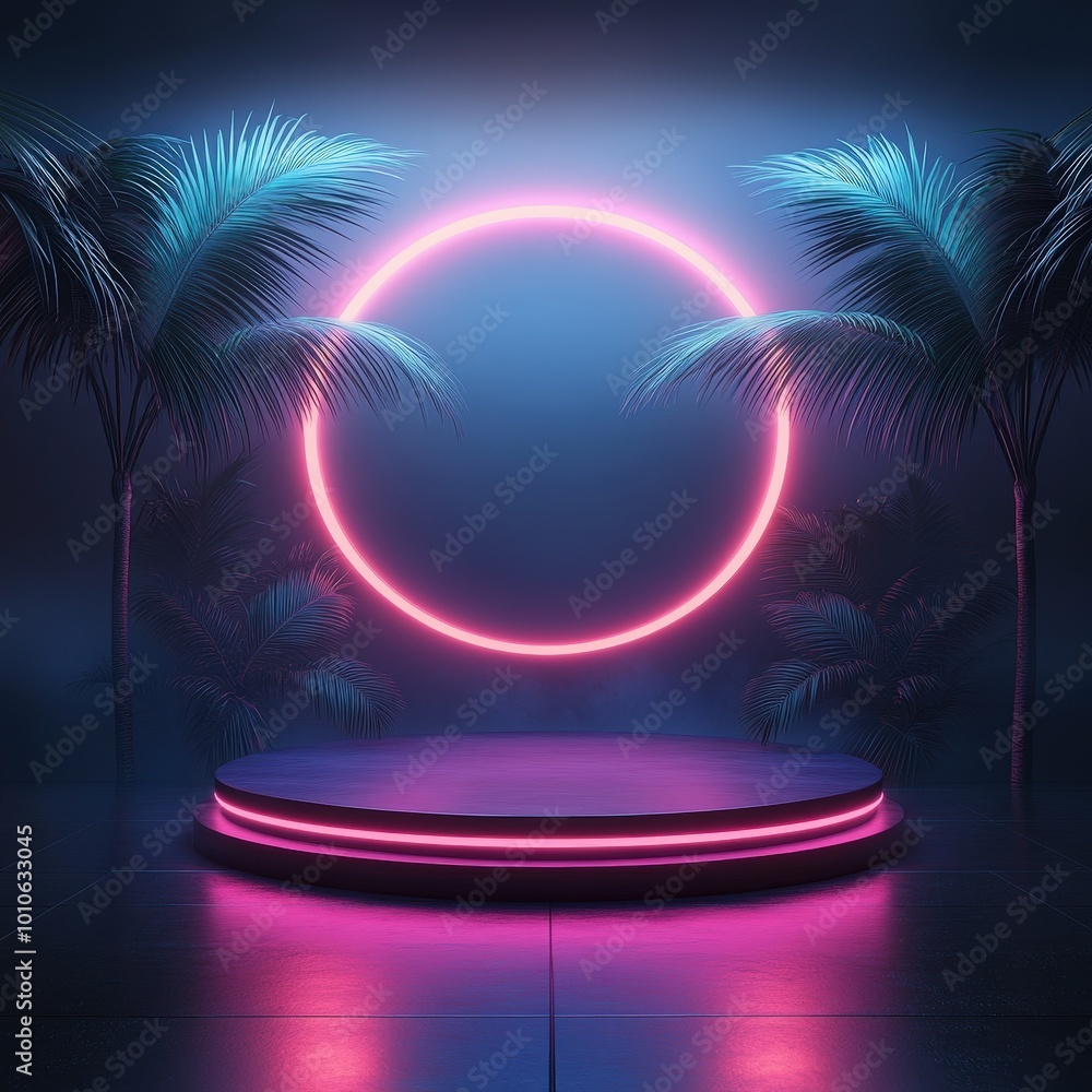 Obraz premium Neon Circle Light with Tropical Palms and Podium