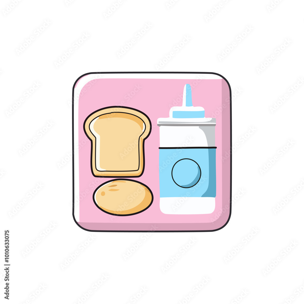 Icon illustration of lunch box with bread and milk. Vector illustration. Icon illustration of lunch box with bread and milk. Vector illustration.