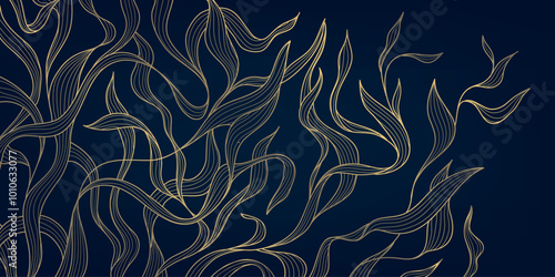 Vector gold line algae, grass, plant illustration. Luxury leaves wavy design, under sea floral background