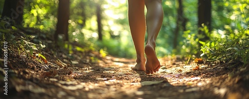 Barefoot walk in sunlit forest conveying tranquility photo