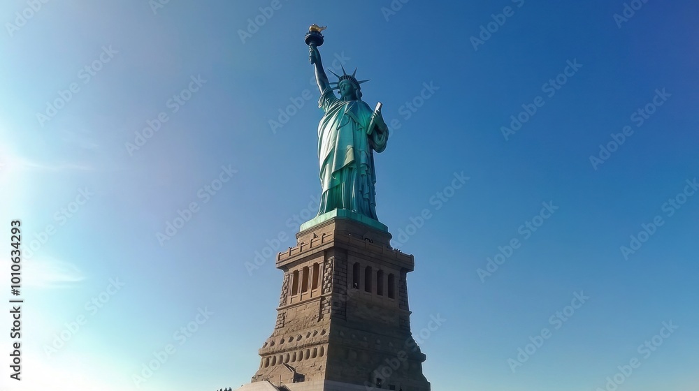 Fototapeta premium The Statue of Liberty stands tall against a clear blue sky.