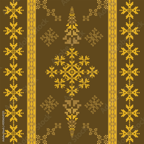 Geometric Pixel pattern.seamless vector pattern, mexican blanket, rug, carpet, tiles, illustration design on golden, brown background.