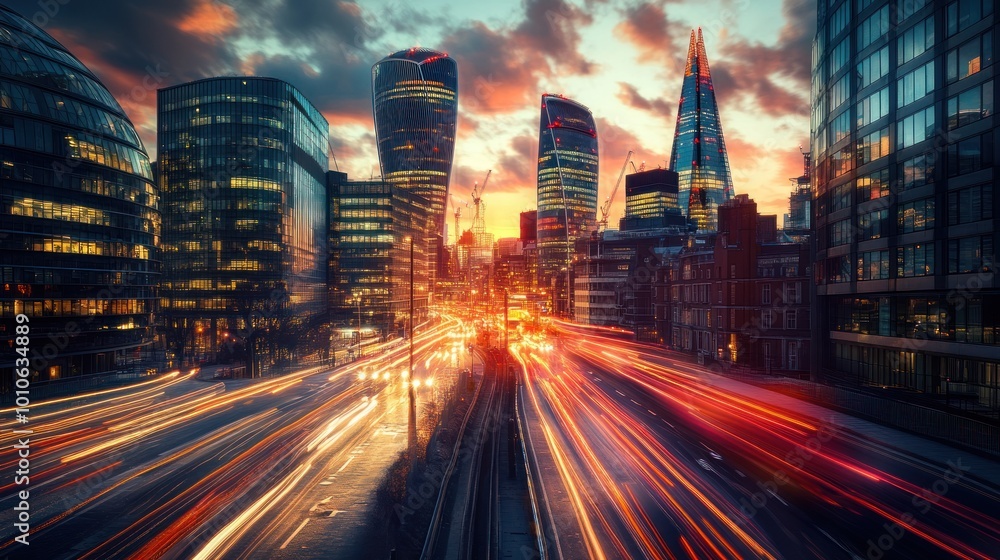 Cityscape with traffic light trails at sunset. Cityscape with traffic light trails at sunset.