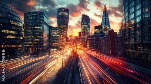 Cityscape with traffic light trails at sunset.