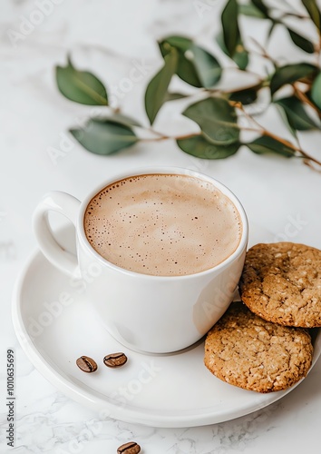 Coffee cup with oat milk and vegan cookies on the side, Vegan Coffee, plant-based snack pairing photo