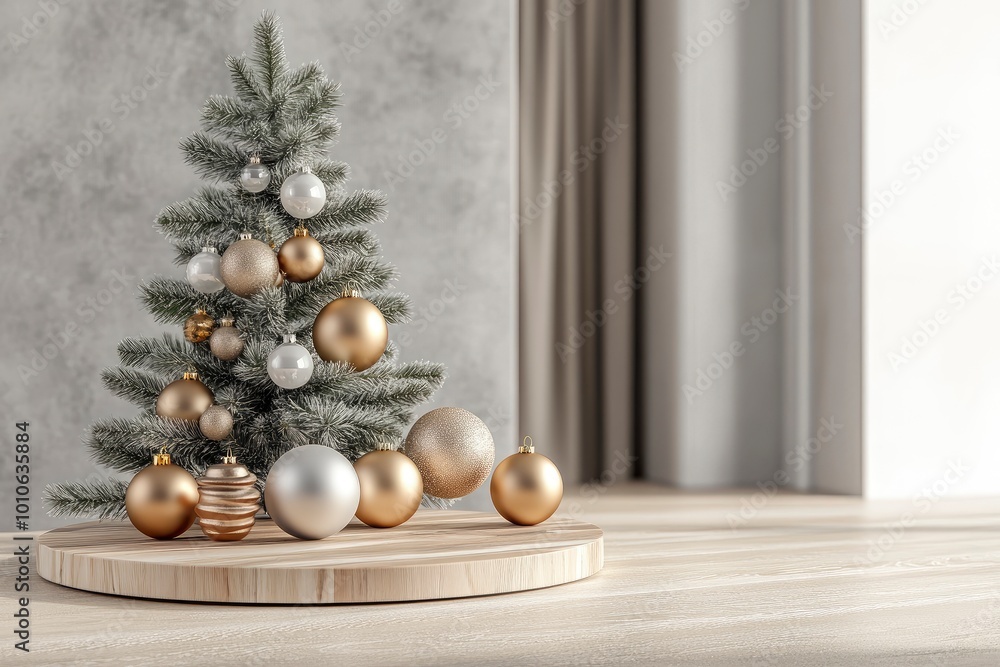 Merry Christmas and Happy New Year 3d rendering with xmas balls, christmas tree, platform for product presentation, mock up. Winter decoration, with generative ai Merry Christmas and Happy New Year 3d rendering with xmas balls, christmas tree, platform for product presentation, mock up. Winter decoration, with generative ai