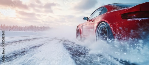 A red sports car driving on a snowy road with a wintery background.