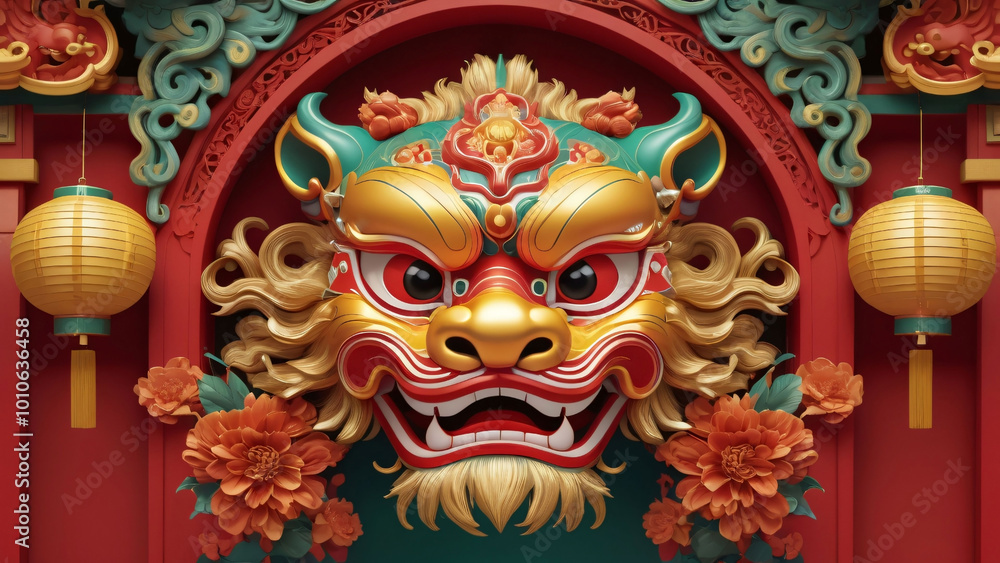 Fototapeta premium Chinese traditional lion dance mask on red background with golden ornaments. Celebrating Chinese New Year with Dancing Lion Mask made of gold