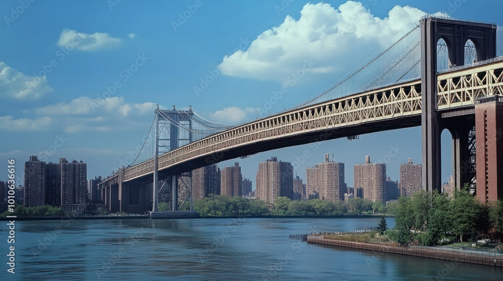 Suspension Bridge Over a River with Cityscape in Background. Suspension Bridge Over a River with Cityscape in Background.