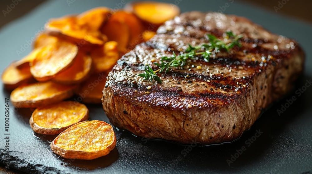 Grilled Steak with Sweet Potato Slices Generative AI Grilled Steak with Sweet Potato Slices Generative AI
