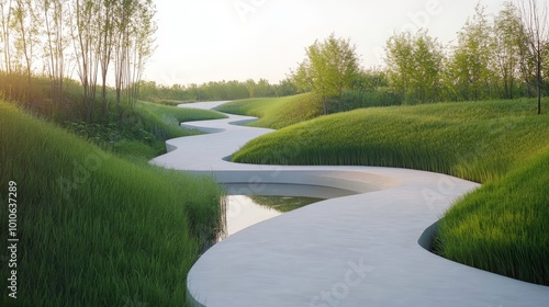 A long, curving path winds through a lush green field