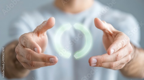 A man is holding his hands up to show a green circle