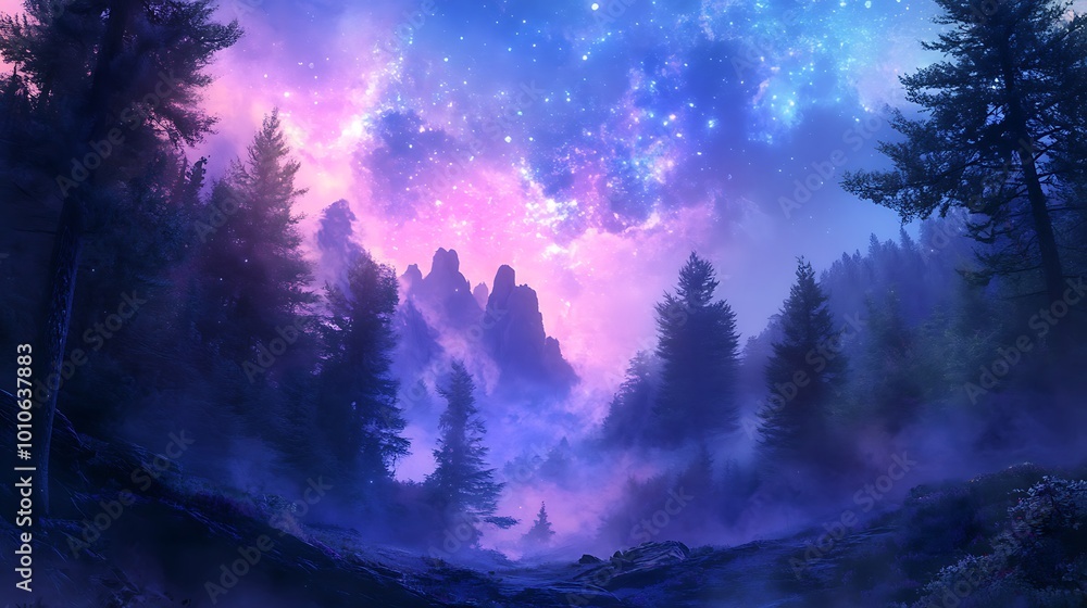 Misty Forest with a Starry Sky and Silhouetted Mountains Misty Forest with a Starry Sky and Silhouetted Mountains