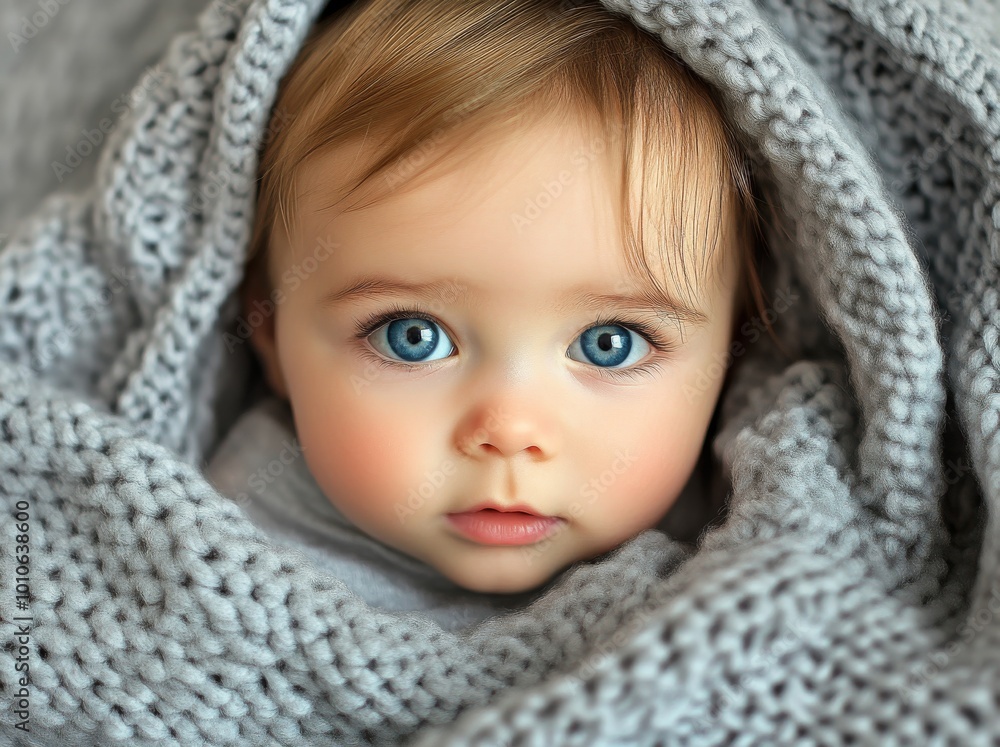 Close-up portrait of a cute baby girl with big blue eyes looking directly at the camera, wrapped in a grey knitted blanket. Close-up portrait of a cute baby girl with big blue eyes looking directly at the camera, wrapped in a grey knitted blanket.