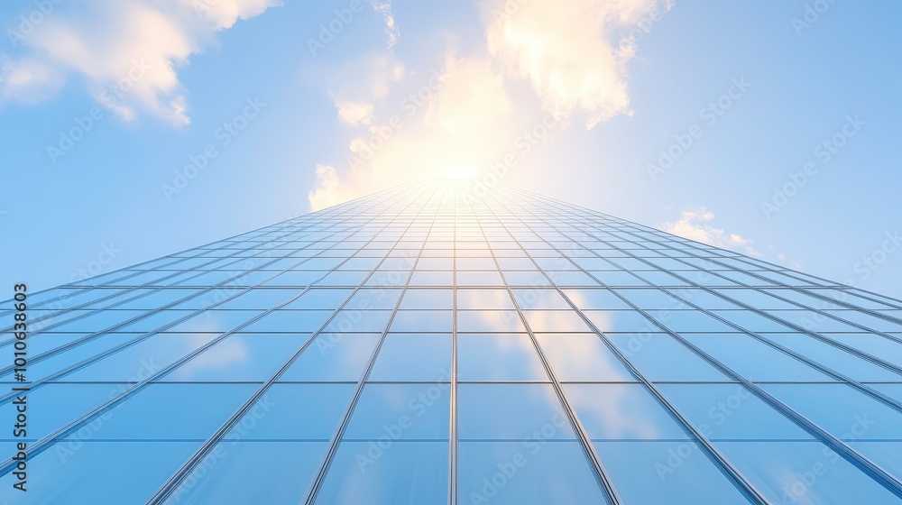 A tall building with a clear blue sky above it A tall building with a clear blue sky above it