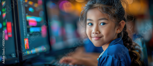 Young girl engaging with computers in a vibrant learning environment filled with technology-focused activities