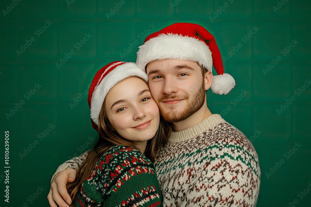 Merry young smiling couple two friend man woman wear sweater Santa hat posing hug cuddle put head on shoulder isolated on plain green background. Happy New Year celebration with generative ai Merry young smiling couple two friend man woman wear sweater Santa hat posing hug cuddle put head on shoulder isolated on plain green background. Happy New Year celebration with generative ai