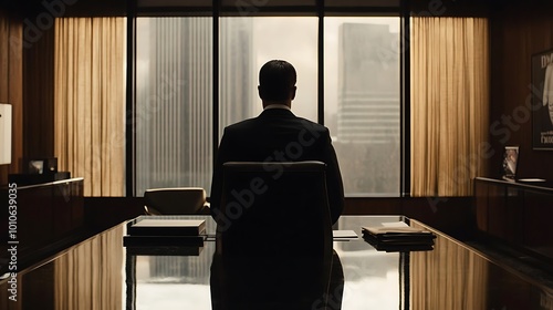 Man in Suit Sitting at a Desk Looking Out of a Window