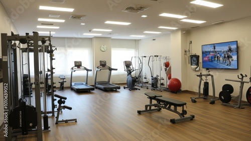 Modern and Equipped Fitness Center with Workout Machines and Cardio Equipment