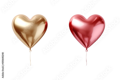 red and golden of heart foil balloons 3D on transparent background.