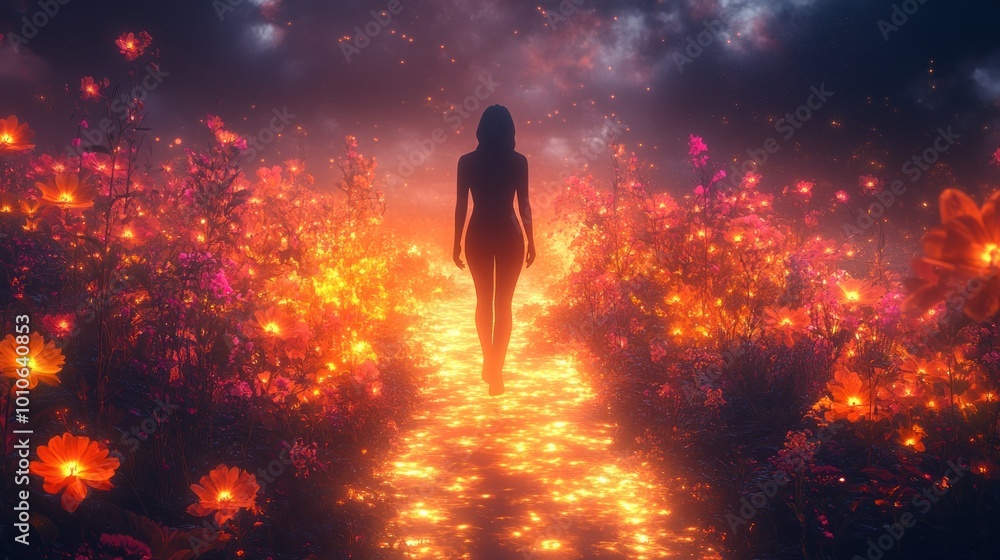 A silhouette walks through a vibrant, flower-filled pathway. A silhouette walks through a vibrant, flower-filled pathway.
