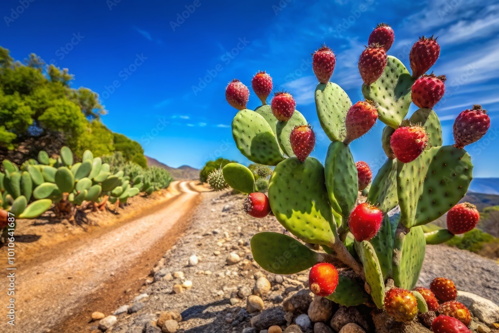Prickly Pear Cactus with Red Fruit in Rocky Landscape Under Clear Blue Sky and Dirt Road Surrounded by Prickly Pear Cactus with Red Fruit in Rocky Landscape Under Clear Blue Sky and Dirt Road Surrounded by