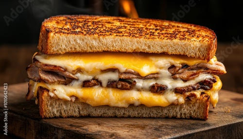 Delicious grilled cheese sandwich stacked with cheddar and roasted meat.